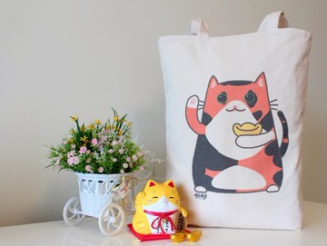 可肩背大容量厚實帆布袋《招財阿喵》