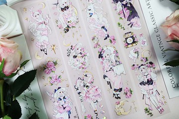 OKMT新七天原創咕卡貼紙PET手帳手賬膠帶 人物特材 月下薔薇 整卷