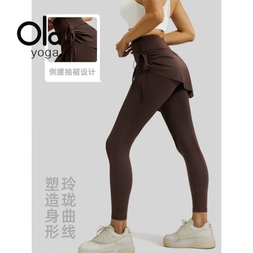 ola yoga新款抽繩褶皺瑜伽裙褲女假兩件顯瘦防尷尬運動健身長褲
