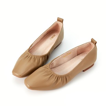 全真皮抓皺小方頭平底鞋 灰綠色