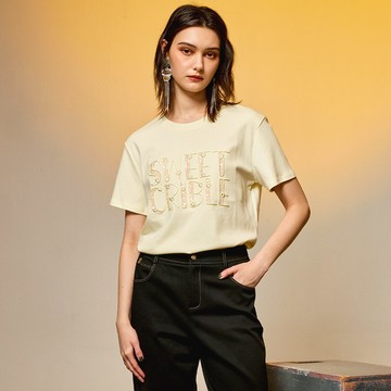 花朵字樣精梳棉短袖T恤_黃色【MON'S 流行服飾】