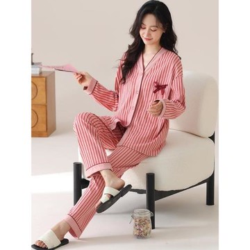 5XL6XL7XL春秋季純棉長袖睡衣女大碼200斤家居服開衫胖mm特大套裝