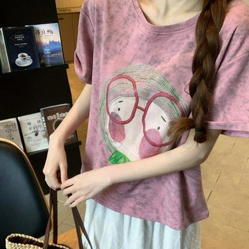短袖t恤女夏2025新款設計感潮卡通印花短款正肩圓領韓版上衣短袖上衣 短款上衣 體恤 氣質顯瘦 寬鬆百搭上衣 半袖上衣