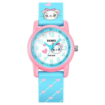 SKMEI 時刻美 兒童款 彩色卡通INS風石英錶 50米防水 鐵製禮盒包裝  220 x 29.8 x 99mm  貓咪 藍色 + 粉色
