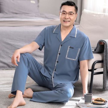2023睡衣男士夏季純棉短袖長褲家居服中老年爸爸夏天薄款大碼套裝