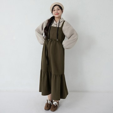 日系可調式斜紋吊帶長洋裝(附綁帶)