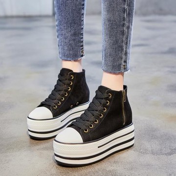 網紅拉鏈高幫鞋2024新款女鞋厚底內增高松糕黑色單鞋休閑板鞋百搭