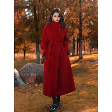 紅色雙面羊絨大衣女秋冬高級感韓系寬松綿羊毛立領長款毛呢子外套