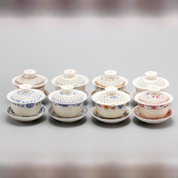 馨明園茶具景德鎮玲瓏蓋碗廠家直銷多款式功夫茶具蓋碗三才敬茶杯