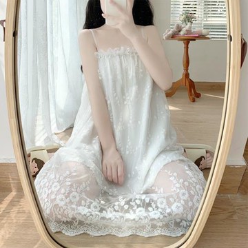 2022年新款純棉網紗性感吊帶睡裙女士夏季薄款冰絲純欲風蕾絲睡衣