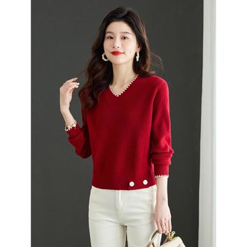 小個子短款高腰毛衣女士針織打底衫春裝2025新款本命年大紅色上衣