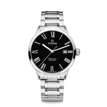 TITONI瑞士梅花錶 空中霸王系列自動機械男錶 (83733 S-621)-黑面不鏽鋼鍊帶/40mm