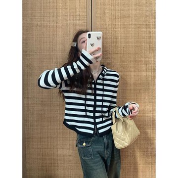 秋冬chic條紋針織拉鏈開衫女法式小香風別致外穿長袖毛衣連帽外套