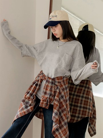 假兩件圓領層次長袖上衣