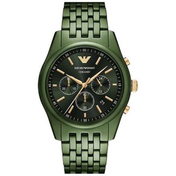 EMPORIO ARMANI 亞曼尼 經典綠陶瓷三眼計時-男錶-贈高檔6入收藏盒(AR70017)-43mm