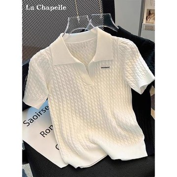 拉夏貝爾polo翻領白色短袖T恤女夏季冰絲針織麻花正肩體恤上衣