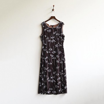 【蛋植物古著】蜻蜓原草印花無袖古著洋裝