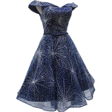 燙金藏青色時尚一字肩年會派對生日宴會活動成人禮服姐妹伴娘短裙