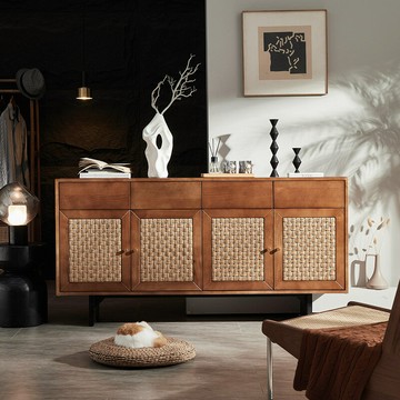 台灣公司貨 免運 可開票 北歐簡約現代客廳茶水柜儲物柜日式藤編玄關柜電視柜實木餐邊柜