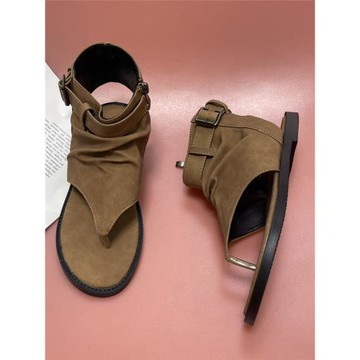 棕色平底軟底涼鞋女2025年夏季新款夾趾側拉鏈個性舒適學生羅馬鞋