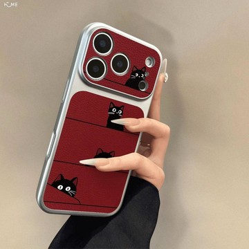 紅底黑貓適用蘋果17手機殼iPhone16promax全包15大視窗14/13/12女