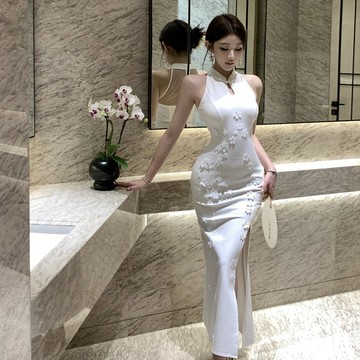 【桃喜Rich女裝】新中式洋裝 網紗拼接改良旗袍 盤扣連衣裙長款 白色洋裝 宴會派對洋裝 復古氣質連身裙 無袖掛脖長洋
