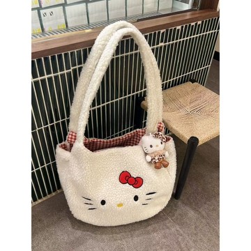 kitty手提包🎀 可愛羊羔毛KT貓刺繡手拎包通勤包包收納包學生黨厚實百搭手提包