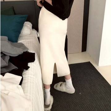 韓版高腰針織長裙 彈性 顯瘦 中長裙 半身裙 開衩長裙 高腰裙 直筒裙 厚版 親膚 針織開衩長裙 冬天裙子 裙裝