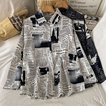 潮流報紙印花雪紡襯衫女新款秋冬季小眾設計感寬松百搭上衣