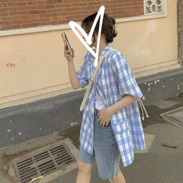 格子休閑小西裝外套女夏季薄款年新款設計感小眾短袖西服上衣