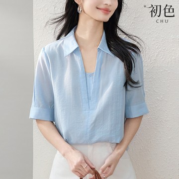 初色 法式假兩件拼接翻領V領五分袖輕薄襯衫寬鬆上衣女上衣-灰藍色-11545(M-2XL可選)