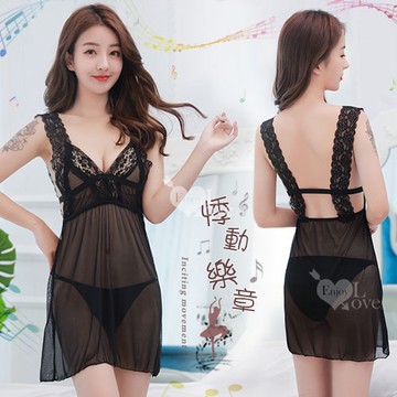 性感內睡衣 蕾絲花邊寬版肩帶柔紗睡衣 黑 531382