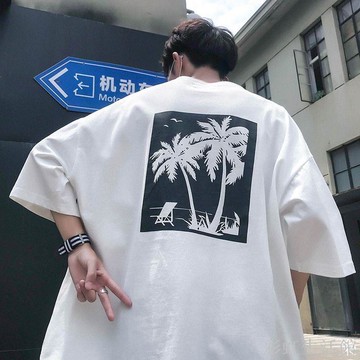港風圓領嘻哈短袖男t恤夏季潮流個性印花五分袖韓版寬松學生上衣