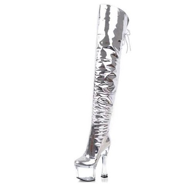 金色系帶圓頭過膝長靴新款酒杯跟超高跟鞋14cm防水臺夜店鋼管舞女