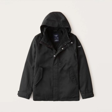 A&F 麋鹿 經典口袋設計鋪棉防風保暖防潑水連帽風衣外套(男)-黑色