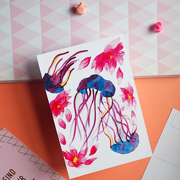 水母水彩明信片