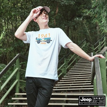 JEEP 男裝 彩繪吉普車純棉短袖T恤-白色