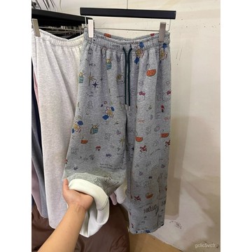 胖mm150KG可穿 複古加絨卡通印花 女秋冬新款 休閒加絨白色闊腿褲  秋冬長褲  長褲女 女裝 休閒褲 闊腿褲