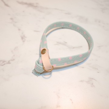 貓 項圈 小清新 青蘋果綠 粉紅點點 日本布 植揉皮革 附鈴鐺