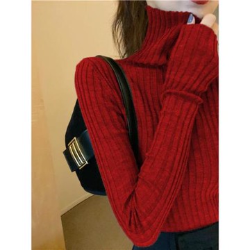 歐貨堆堆領針織打底衫女春秋新款時尚洋氣內搭緊身上衣高領薄毛衣