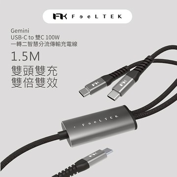 【Timo禮品館】Feeltek Gemini USB-C to 雙C 100W 一轉二智慧分流傳輸充電線1.5m
