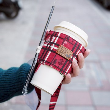 雙層隔熱環保飲料提袋 - 格紋街區 - 櫻桃紅/交換禮物/畢業季