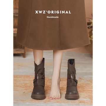 美拉德~厚底馬丁靴女2024秋冬季加絨西部牛仔靴小個子內增高短靴