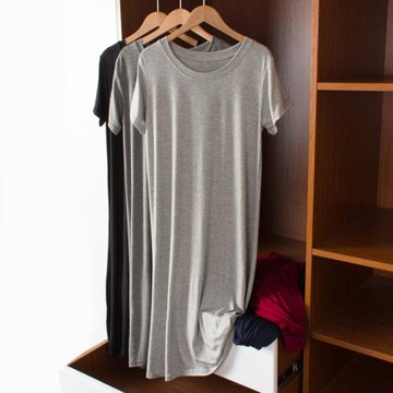 莫代爾套頭睡衣短袖連衣裙女夏季大碼寬松圓領家居睡裙純色a字裙