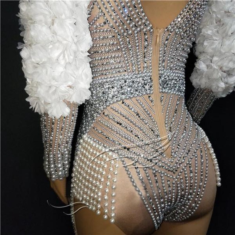 スーパー 真珠 ラインストーンフラワーボディスーツ セクシー