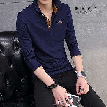 【QY161】魔衣子-韓版修身配色翻領有釦長袖POLO衫