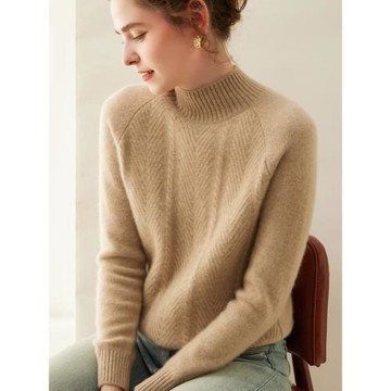 2024秋新款加厚山羊絨衫女半高領插肩袖扭花毛衣打底針織衫內搭