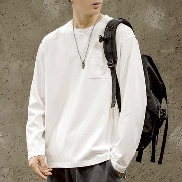 日系純色長袖T恤男純棉寬松圓領上衣潮牌大碼白色打底衫夏季薄款