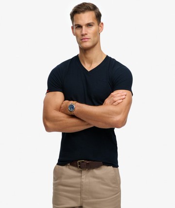 Superdry Men's Organic Cotton Embroidered Logo V Neck T-shirt Navy Size: L