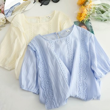 短袖蕾絲襯衫女夏季設計感小眾洋氣寬松套頭泡泡袖小花邊上衣